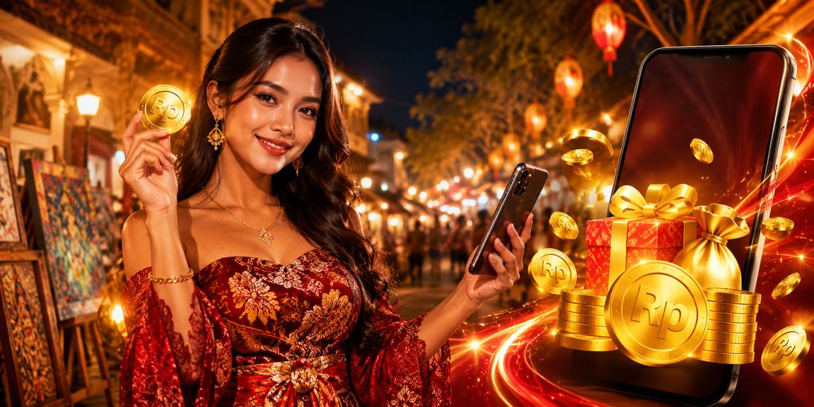 Suasana pasar malam dengan tampilan bonus deposit dan promosi menarik