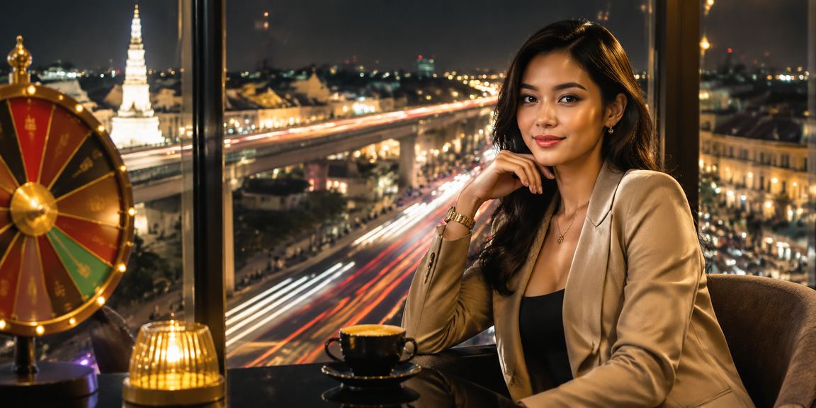 Suasana kafe dengan permainan roulette di layar ponsel