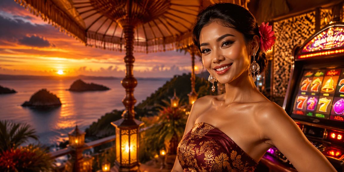 Model Vietnam berpose di depan mesin slot dengan lampu neon berwarna-warni