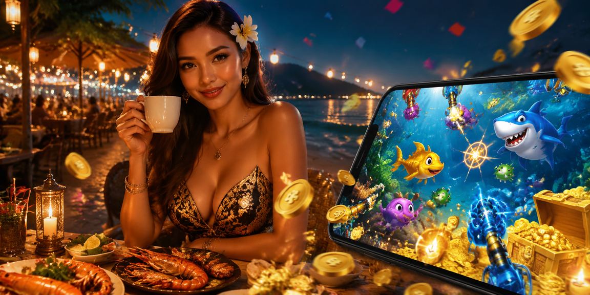 Suasana kafe Vietnam dengan layar permainan tembak ikan yang aktif